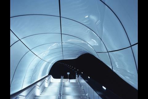 The moulded glass canopies covering Zaha Hadid’s four cable car stations have a lustrous, curvaceous form that resembles ice caves